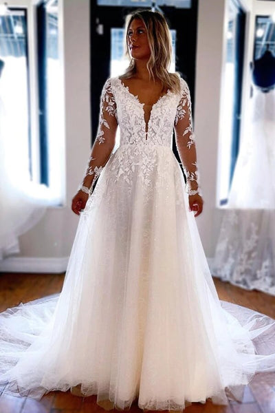 V Neck Backless A Line Long Sleeve Bridal Dress With Sheer Lace Applique  And Long Sleeves Sexy And Classic From Chic_cheap, $180.34