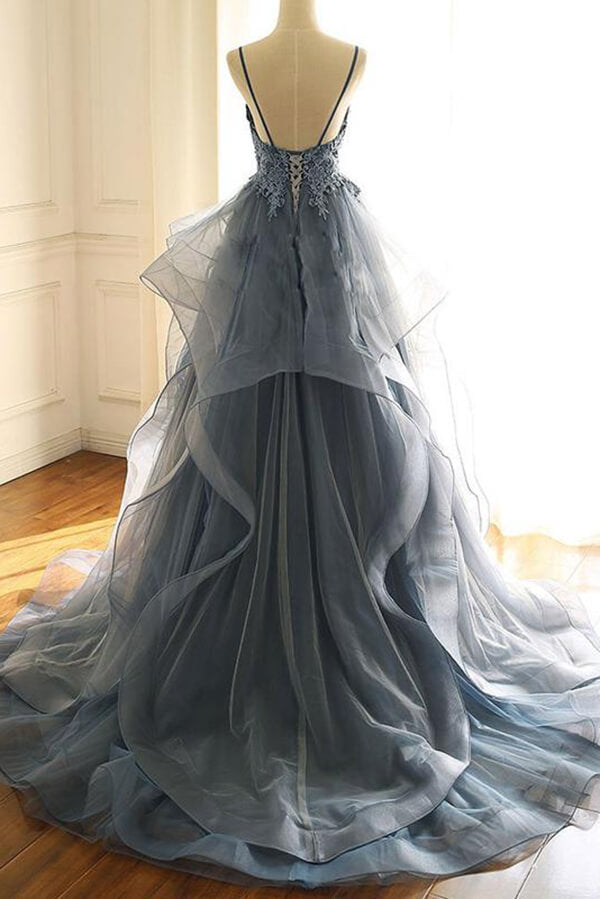 Tulle A-line V-neck Spaghetti Straps Appliqued Prom Dresses, Evening Dress, SP710 | cheap prom dresses | a line v neck prom dresses | evening gowns | www.simidress.com