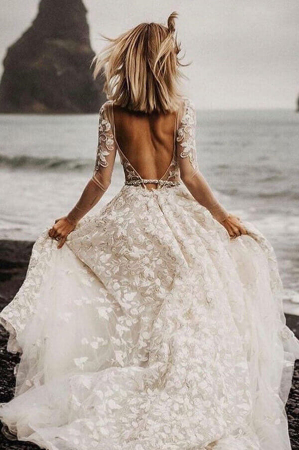 Tulle Lace A-line V-neck Long Sleeves Wedding Dresses, Wedding Gown, SW602 | a line wedding dresses | cheap lace wedding dresses | wedding dress stores | simidress.com