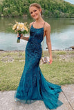 Tulle Lace Mermaid Spaghetti Straps Prom Dresses, Long Formal Dresses, SP766