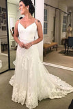 Tulle Polka Dot Lace Spaghetti Straps A-line Backless Wedding Dresses, SW475