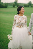 Two Pieces Long Sleeves Lace Top Tulle Skirt High Low Wedding Dresses, SW439 | lace wedding gowns | bridal dress | beach wedding dress | www.simidress.com