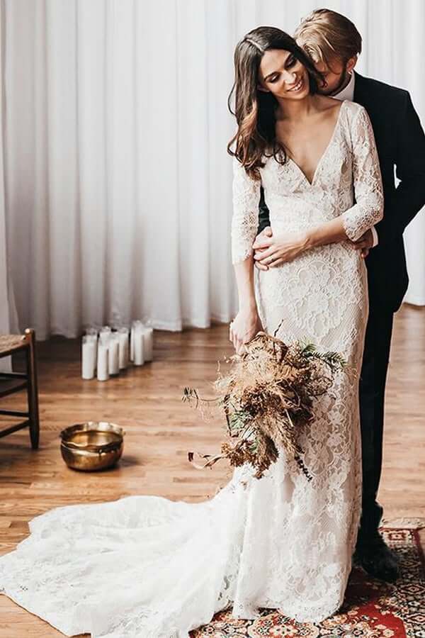 Vintage Ivory Lace Mermaid V-neck Wedding Dresses With Chapel Train, SW492 | mermaid wedding dresses | lace wedding dress | cheap wedding dresses online | www.simidress.com