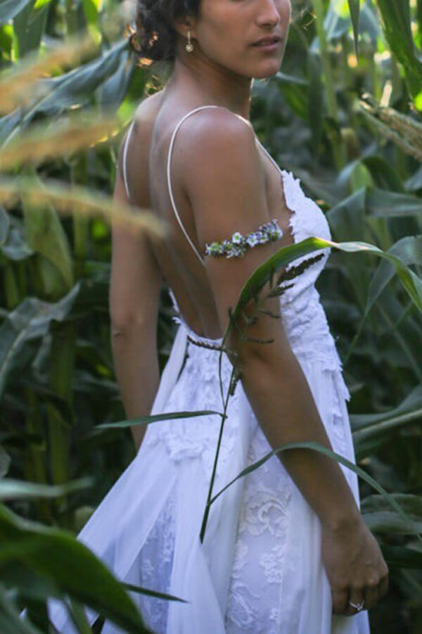Vintage White Lace Backless Spaghetti Straps Wedding Dresses With Slit, SW447 | v neck wedding dresses | bridal dress | wedding gown | www.simidress.com