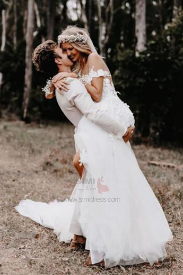 White Tulle 3D Lace Flowers Off the Shoulder Ball Gown Wedding Dresses, SW415 | cheap wedding dresses | lace wedding dress | white wedding dresses | wedding gown | www.simidress.com