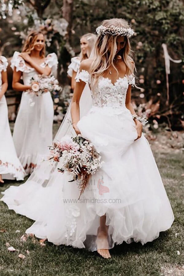 White Tulle 3D Lace Flowers Off the Shoulder Ball Gown Wedding Dresses, SW415 | wedding dress | beach wedding dress | lace wedding dresses | white wedding dress | www.simidress.com