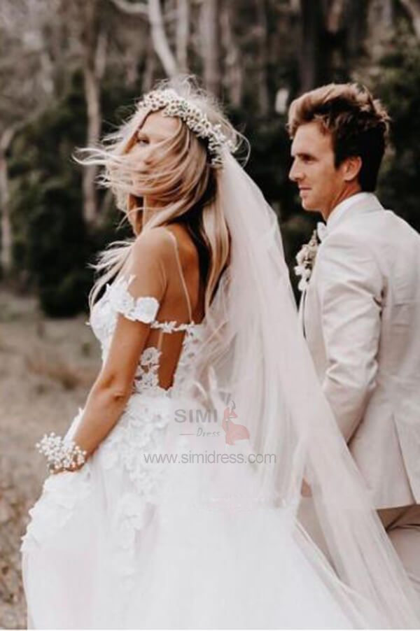 White Tulle 3D Lace Flowers Off the Shoulder Ball Gown Wedding Dresses, SW415 | lace wedding dresses | bridal gowns | ball gown wedding dress | beach wedding dresses | www.simidress.com
