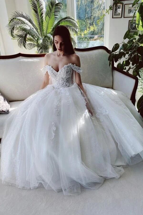 White Tulle A-line Off-the-Shoulder Beaded Lace Appliques Wedding Dresses, SW532 | white wedding dresses | wedding gown | vintage wedding dresses | www.simidress.com