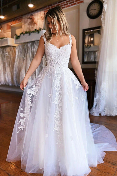 White Tulle A-line Off-the-Shoulder Lace Appliques Wedding Dresses, SW586 | Simidress White Tulle A-line Off-the-Shoulder Lace Appliques Wedding Dresses, SW586 | Simidress