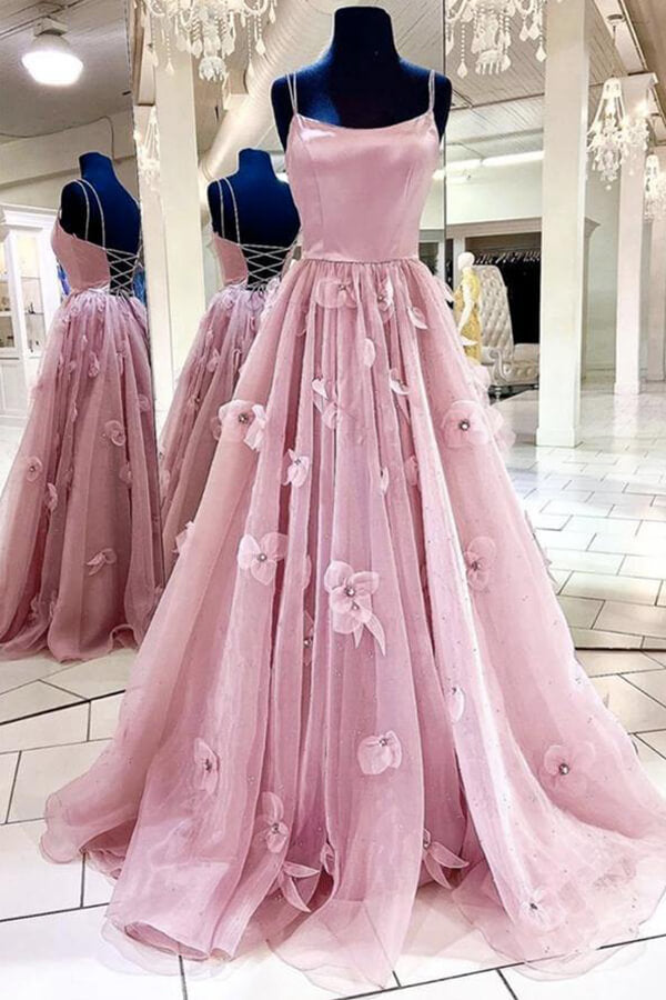 Yellow Ball Gown Spaghetti Straps Satin Tulle 3D Flowers With Lace Up Back, SP742 | dusty rose prom dresses | party dresses | evening gown | www.simidress.com