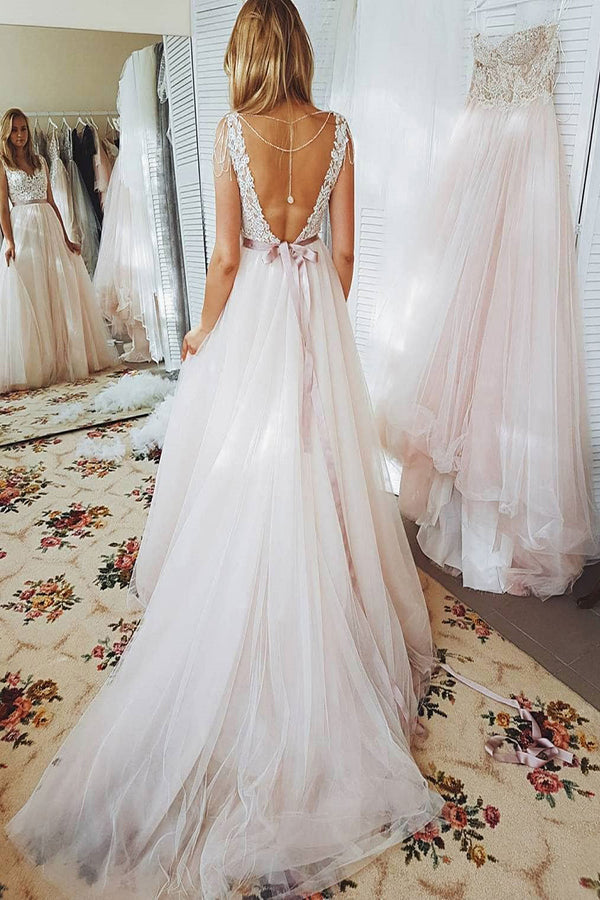 Lace Bodice Beach Open Back Wedding Dresses A Line Dresses with Sash -simidress