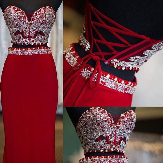 Red Prom Dress with Beading,Two Piece Prom Dresses,Cheap Prom Gowns   Simidress