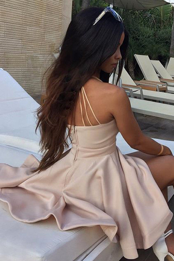 Pink V Neck Homecoming Dress,A Line Short Prom Dress with Straps, Sleeveless Mini Cocktail DressSH64