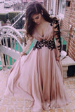Long Sleeve V-Neck  Lace Prom Dresses Evening Dress Prom Gowns SD303