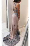 Appliqued Mermaid Sweep Train Prom Dresses, Two Pieces Lace Prom Dresses