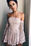 Off Shoulder Long Sleeves Pink Short prom dresses,Homecoming dresses,SH20