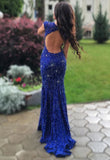 Mermaid Prom Dress with Beading,Royal Blue Sweep Train Prom Gowns,Lace Backless Prom Dresses,SIM629