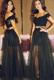 Black Tulle Lace Two Piece Applique Off Shoulder Prom Dressses,Evening Dresses,Formal Dresses, M10