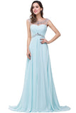Light Sky Blue Backless Prom Gowns, Chiffon Long Prom Dresses with Beading, M52