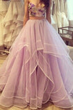 Light Lavender Prom Dresses Long,Tulle Two Piece Prom Gowns Embellished With Embroidery,M24