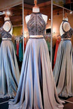 High Neck Open Back Prom Dresses,Long Prom Dress with Beading,Two Piece Prom Gowns,SIM624