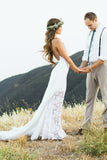 White Lace Side Slit Simple Spaghetti Wedding Dresses For Beach Wedding,M32