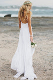 White Lace Side Slit Simple Spaghetti Wedding Dresses For Beach Wedding,M32