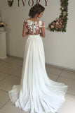 Elegant V-neck Cap Sleeves Wedding Dresses with Sweep Train and Appliques,SW16