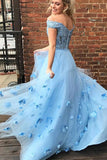 Pretty Blue Two Piece Off-the-Shoulder Lace Prom Dresses with 3D Flowers, SP672 | two piece prom dresses | long prom dresses | blue prom dresses | cheap prom dresses | lace prom dresses | simidress.com