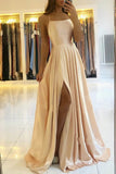 Simple Stretch Satin A-Line Scoop Split Long Prom Dress, Evening Gowns, SP688