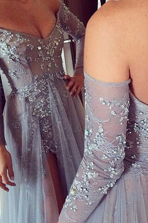 Gray Long Sleeves Prom Dress,V-neck Sweep Train Evening Dress with Appliques Beading,SVD433