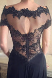 Long Black Off Shoulder Short Sleeves Split Prom Dress with Lace Beading,SVD434