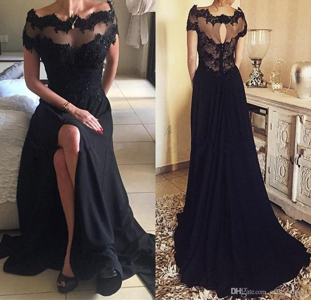 Long Black Off Shoulder Short Sleeves Split Prom Dress with Lace Beading,SVD434