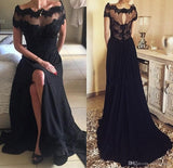 Long Black Off Shoulder Short Sleeves Split Prom Dress with Lace Beading,SVD434
