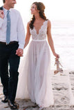 Sexy Long Wedding Gowns,Deep V Neck Lace Beach Wedding Dresses,Bridal Dresses,SVD501