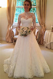 High Neckline Lace A line Long Sleeve Wedding Dresses,Open Back Wedding Gowns,Bridal Dresses,SVD515