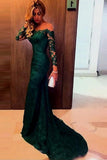 Elegant  Dark Green Off-shoulder Lace Mermaid Prom Dress with Long Sleeves, SVD326