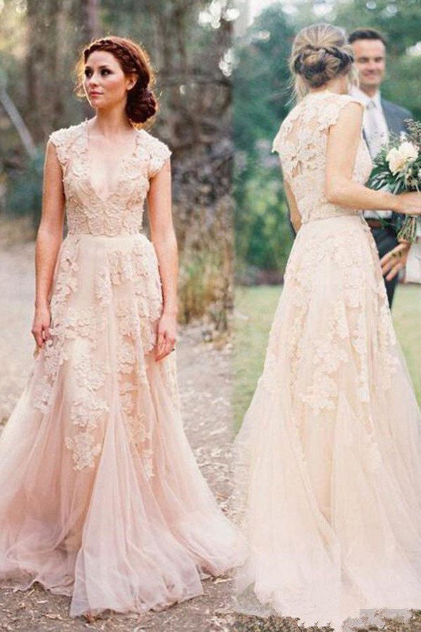 V-neck Sleeveless Floor-Length Wedding Dress with Lace  High Quality