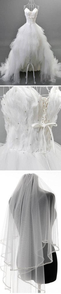 Stylish White High-low Sweetheart Tulle Spaghetti Wedding Dresses With Feather,SVD547