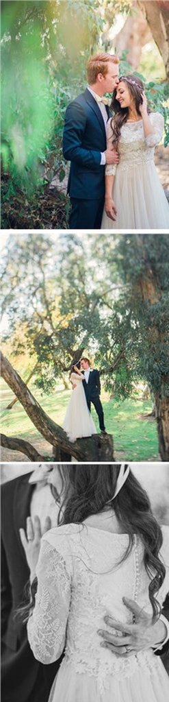 A-line Lace Tulle Wedding Dresses,Scoop Neck 3/4 Sleeve Long Wedding Gowns,SVD651