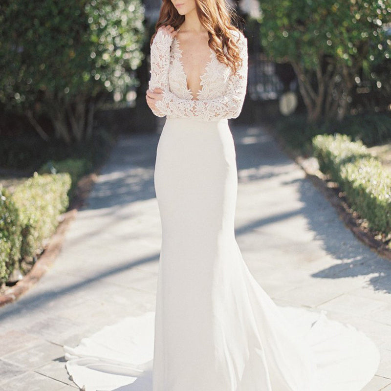 Mermaid Wedding Party Dresses,Sexy Deep V-Neck Long Sleeve Lace Wedding Party Dress,SVD538