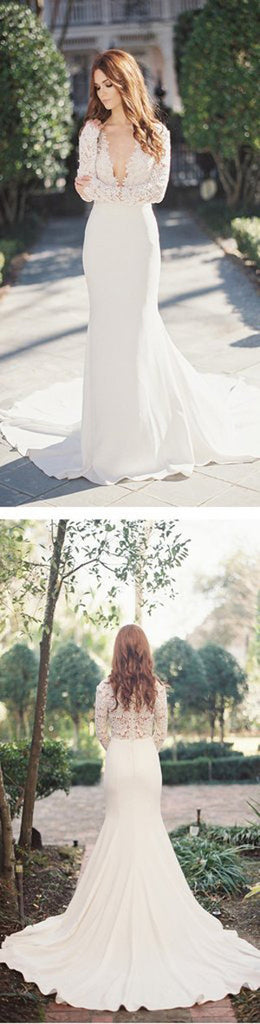 Mermaid Wedding Party Dresses,Sexy Deep V-Neck Long Sleeve Lace Wedding Party Dress,SVD538