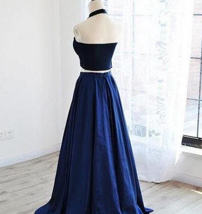 navy blue two piece homecoming dress A-line Lace Bodice Navy Two Piece Prom Dresses with Split APD2885