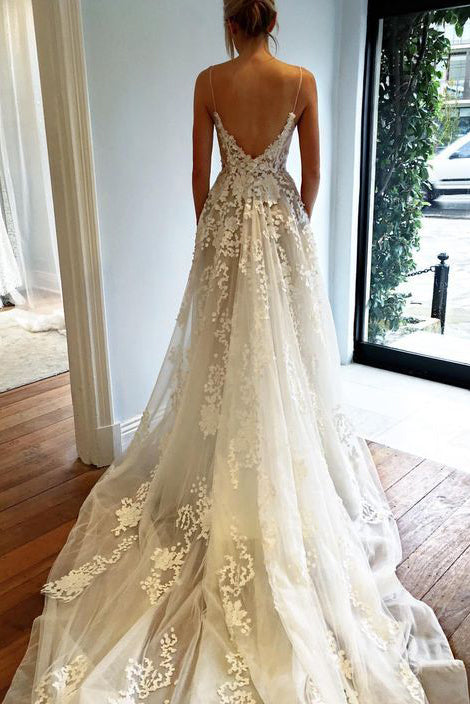 Sweetheart Spaghetti Wedding Dresse,Sweep Train Open Back Beach Wedding Gown,SW79