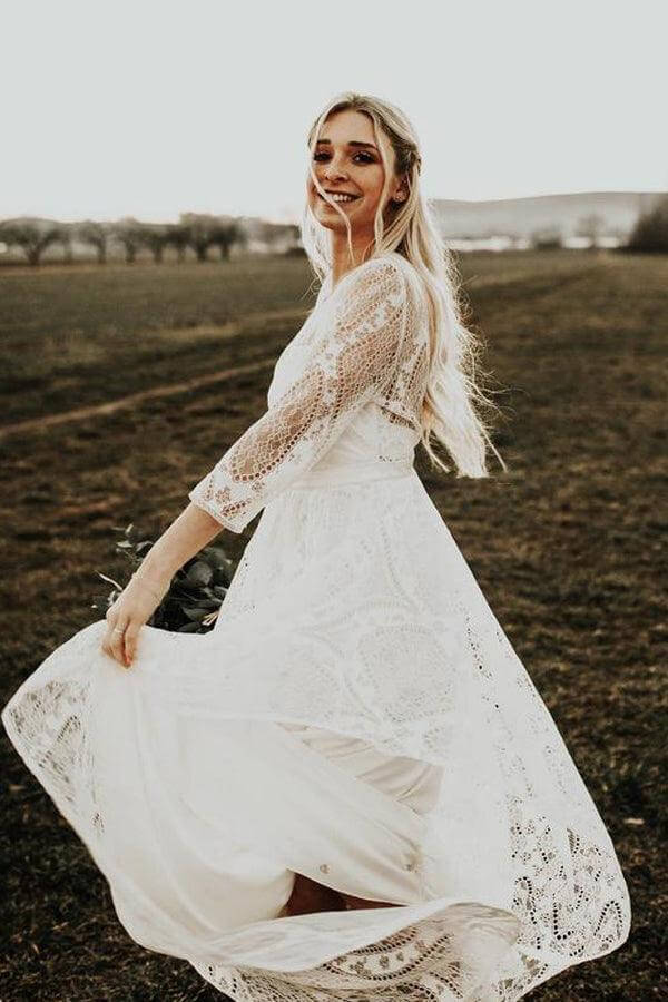 A-line Backless Long Sleeves Rustic Lace Wedding Dresses, Bridal Gown, SW652 image 2