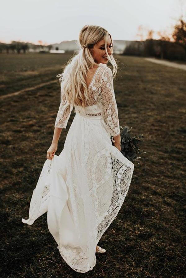 A-line Backless Long Sleeves Rustic Lace Wedding Dresses, Bridal Gown, SW652 image 4