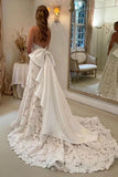 A-line Floral Lace Strapless Boho Wedding Dresses With Satin Bowtie, SW639 image 2