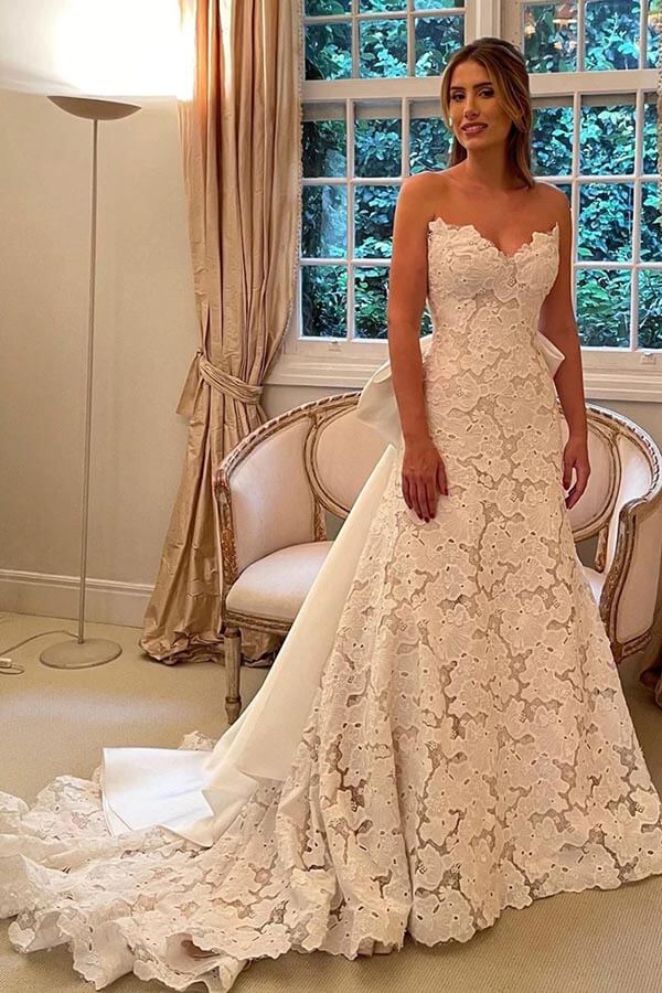 A-line Floral Lace Strapless Boho Wedding Dresses With Satin Bowtie, SW639 image 1
