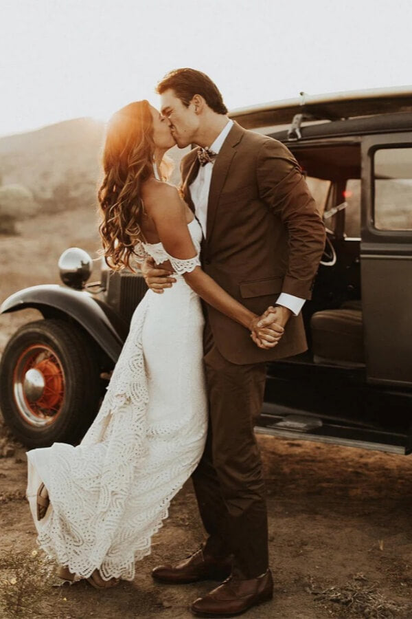 Attractive Sheath Off-the-Shoulder Lace Wedding Dresses With Slit, SW686 image 1