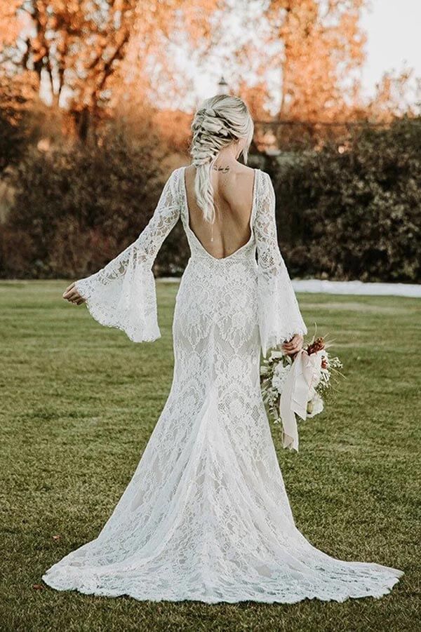 Beautiful Mermaid Lace Long Sleeves Backless Wedding Dress With Train, SW633 | bridal styles | wedding dresses stores | outdoor wedding dress | simidress.com